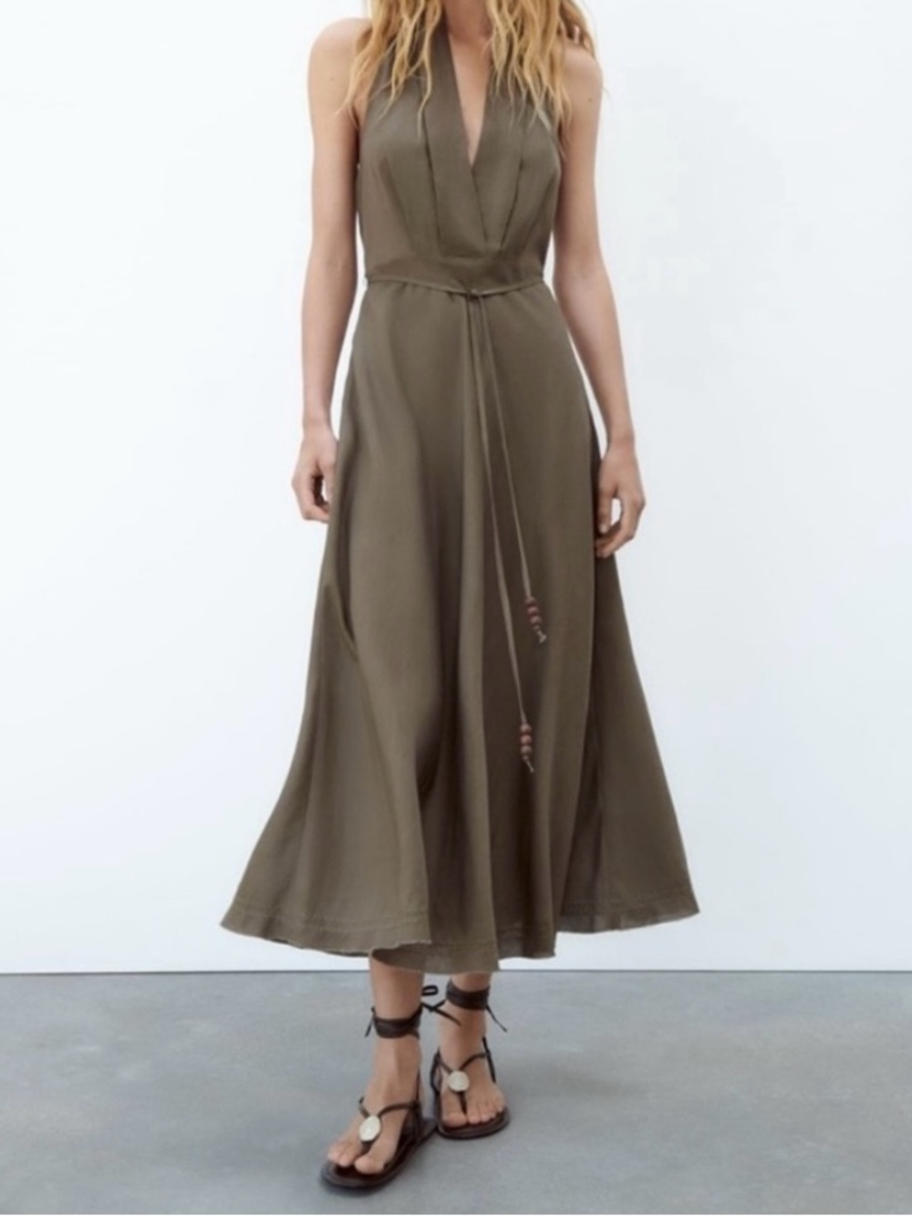 Zara Olive-Brown Satin Halter dress